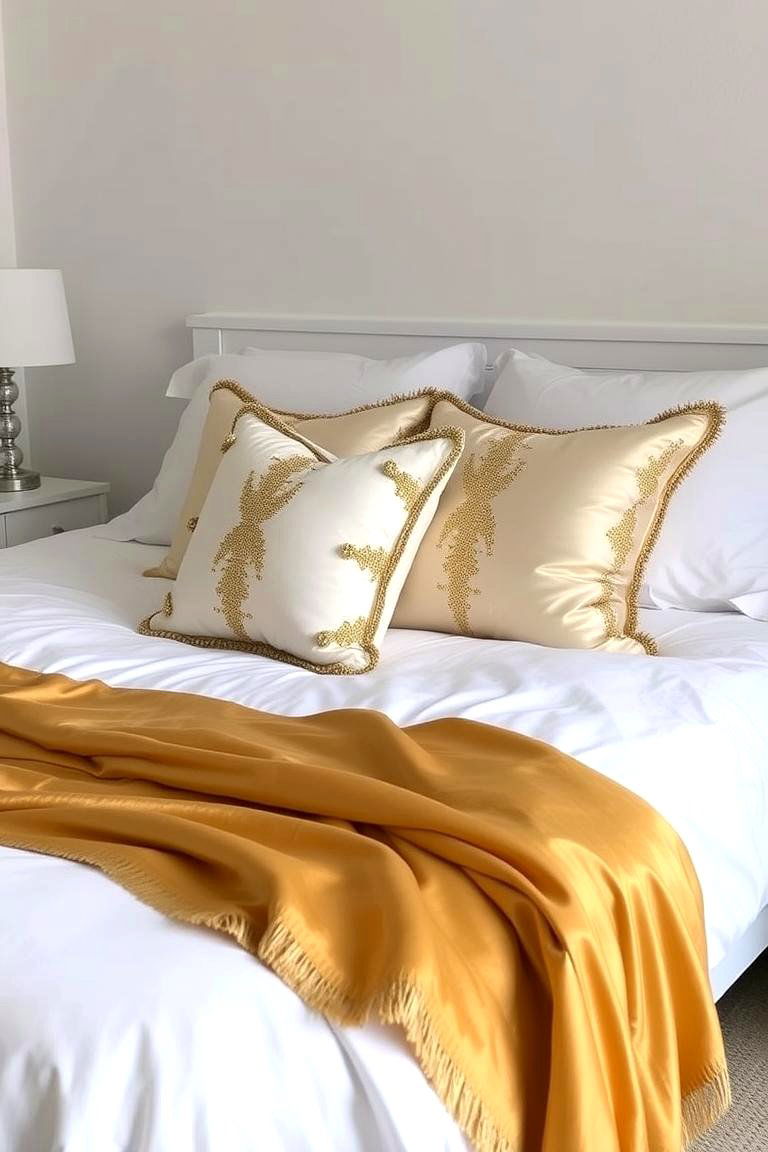 The Elegance of Gold Accents on White Bedding - 24 White and Gold Bedroom Ideas