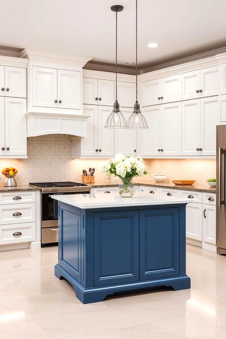The Enduring Style of White and Blue Kitchens - 24 White Kitchen Cabinets With Blue Island