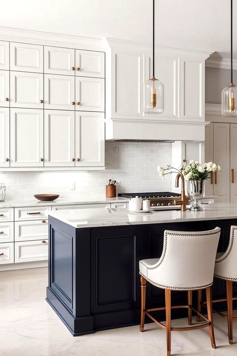The Impact of Hardware Choices - 24 White Kitchen Cabinets With Blue Island