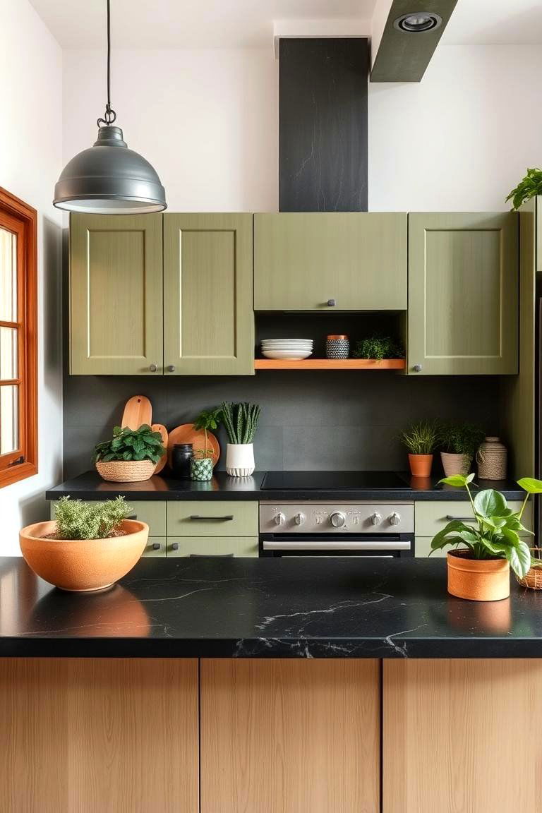 The Longevity of This Color Scheme - 24 Green Kitchen Cabinets With Black Countertops