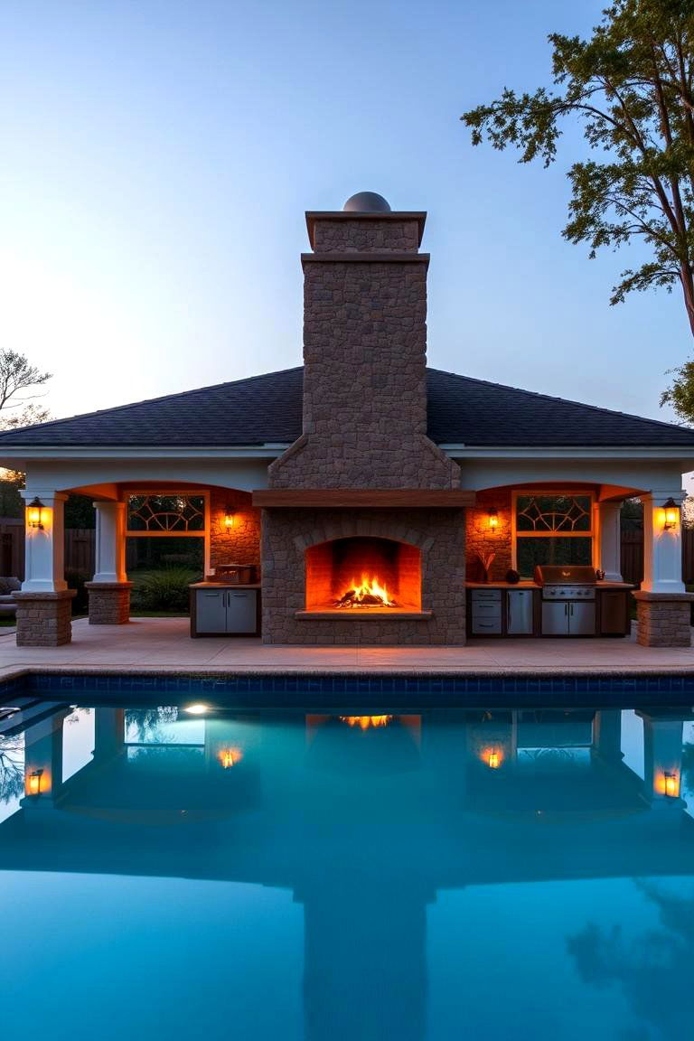 The Outdoor Fireplace Ambiance - 24 Pool House With Outdoor Kitchen Ideas