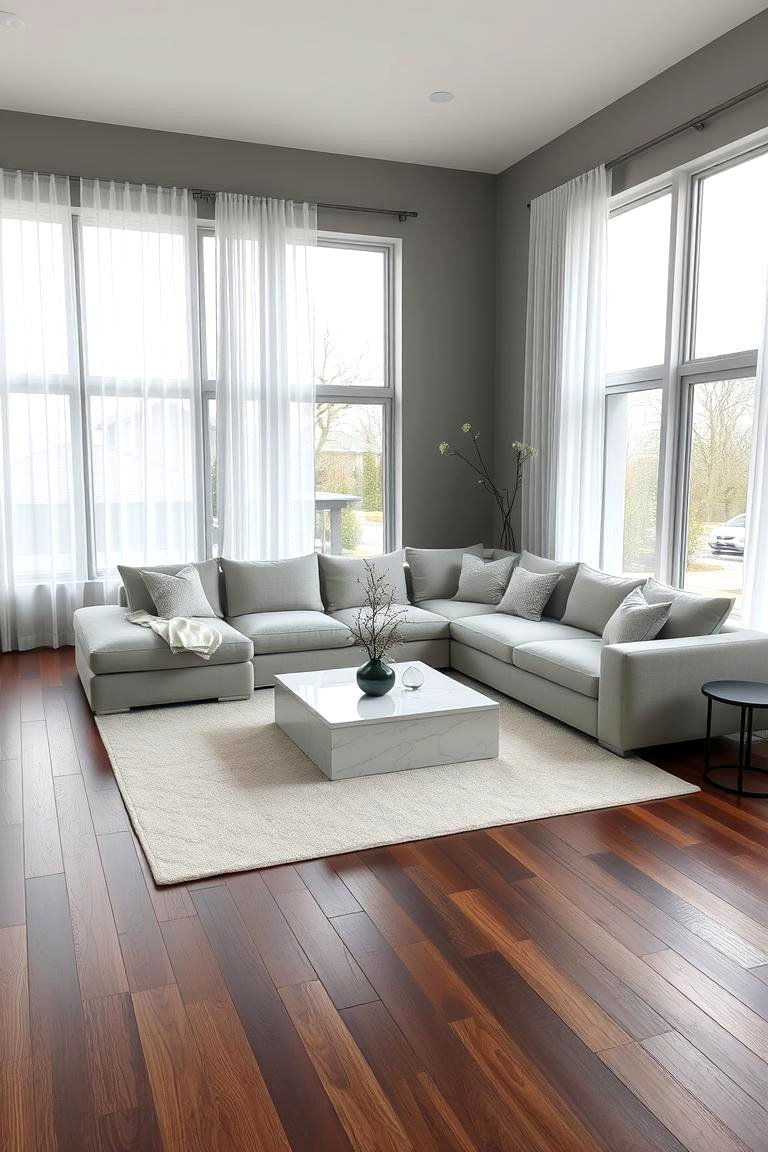 The Timeless Appeal of Grey and Dark Wood - 24 Grey Living Room With Dark Wood Floors