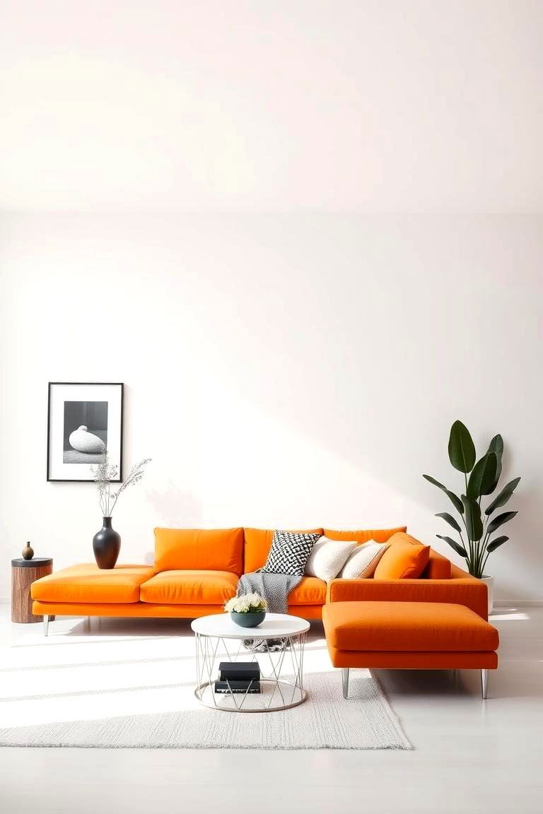 Those who love a minimalist aesthetic can still embrace an orange couch - 24 Orange Couch Living Room Ideas
