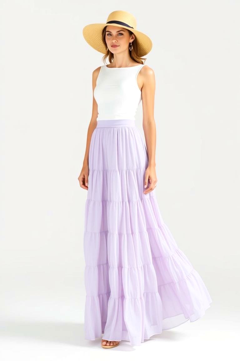 Tiered Maxi Skirt with a Simple Top - 24 Guest Wedding Outfit Ideas