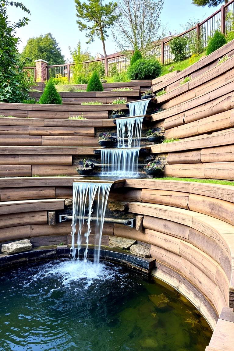 Tiered Retaining Wall with Water Feature - 24 Wood Retaining Wall Ideas