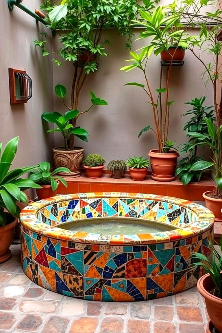 Tile Surrounded Tub with Mosaic Art - 24 Outdoor Bathtub Ideas