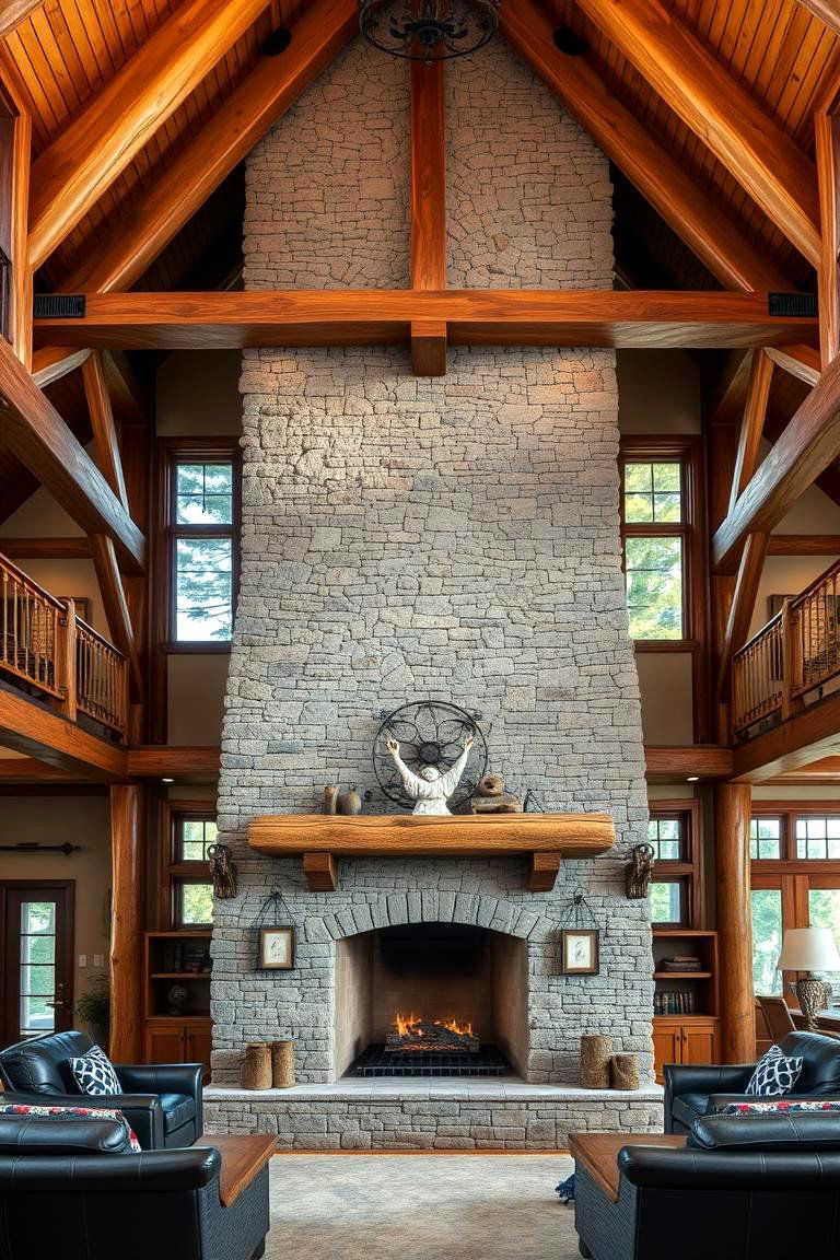 Timber Frame Fireplace with Stone Details - 24 Rustic Fireplaces