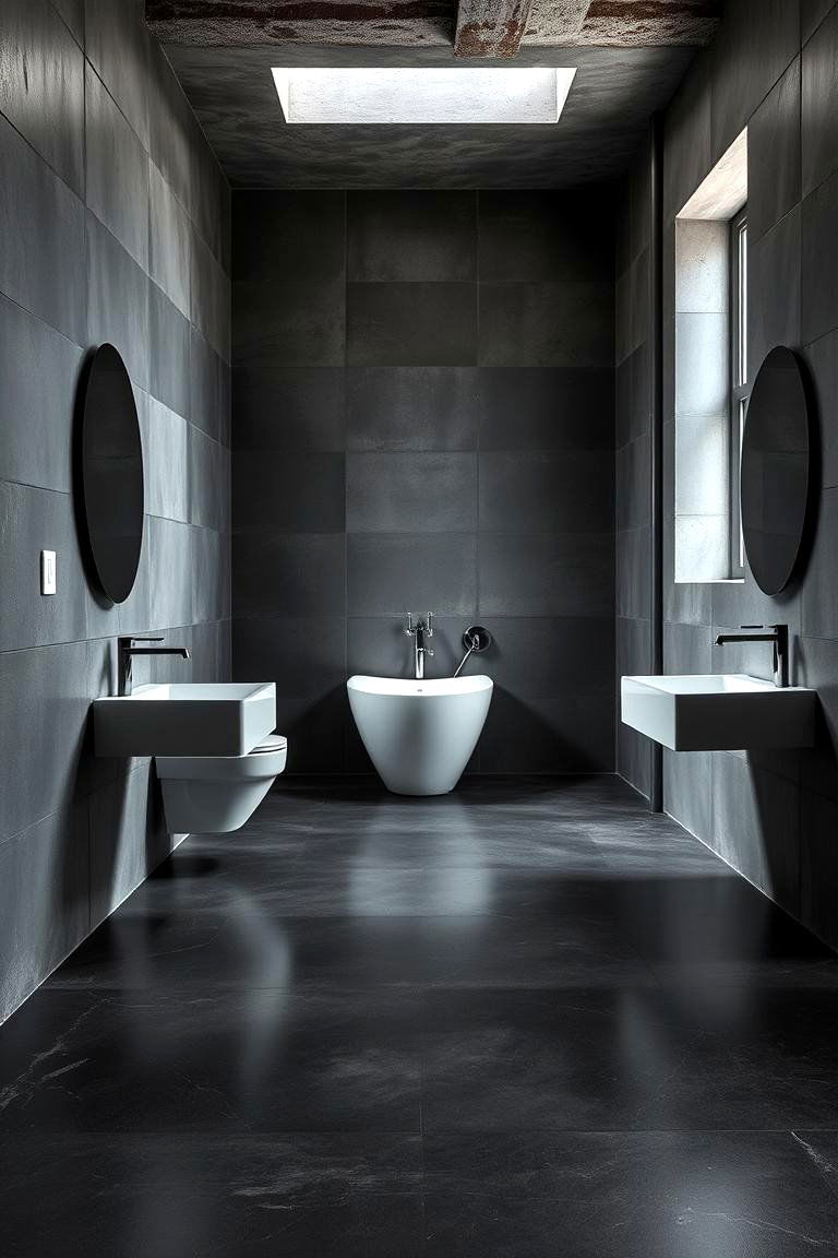 Timeless Black Concrete Aesthetics - 24 Black Floor Bathroom Ideas
