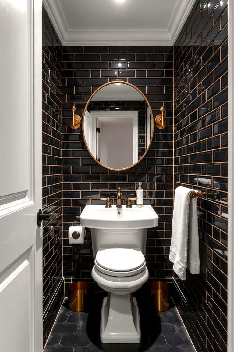 Timeless Black Tiles with Golden Grout - 24 black and gold powder room ideas