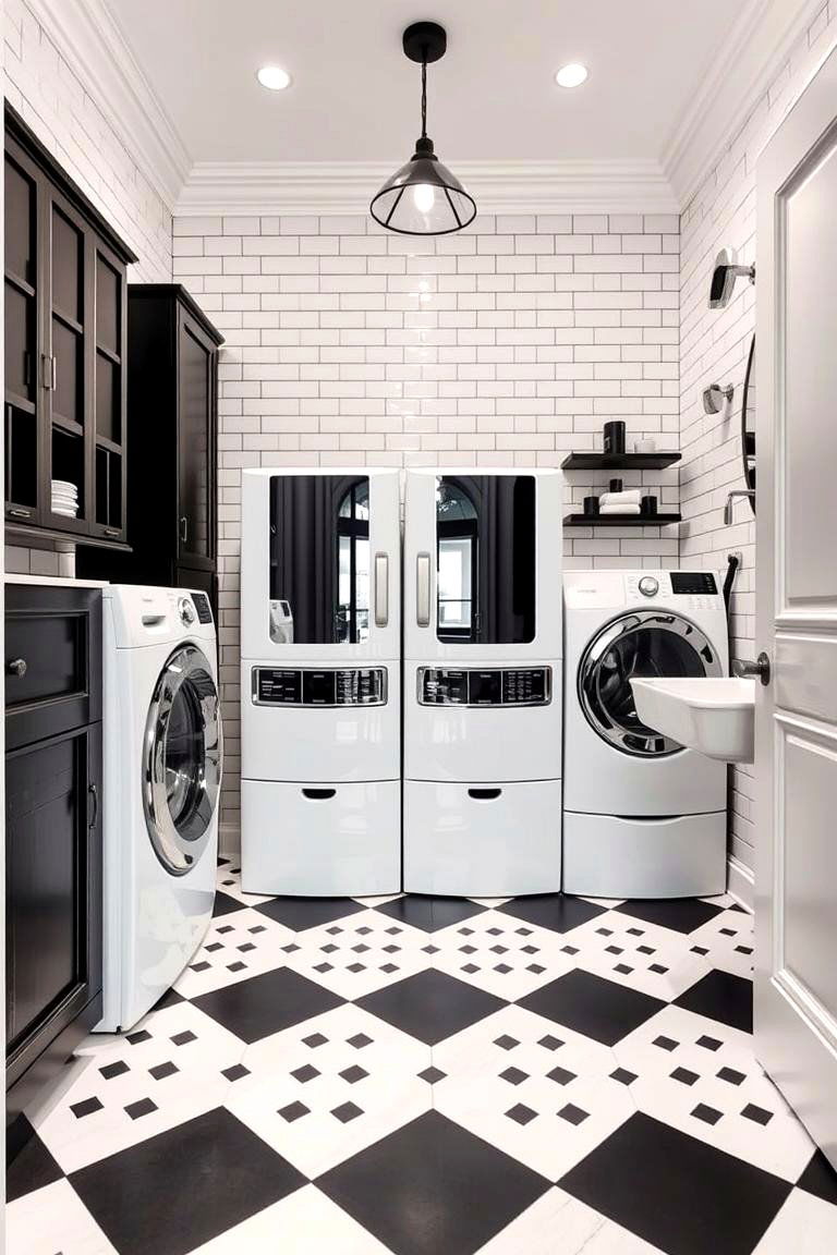Timeless Checkerboard Flooring - 24 Black and White Laundry Room Ideas