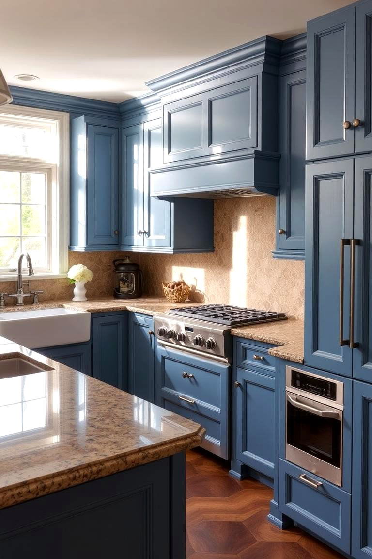Timeless Design for Lasting Appeal - 24 blue kitchen cabinets with brown granite countertops