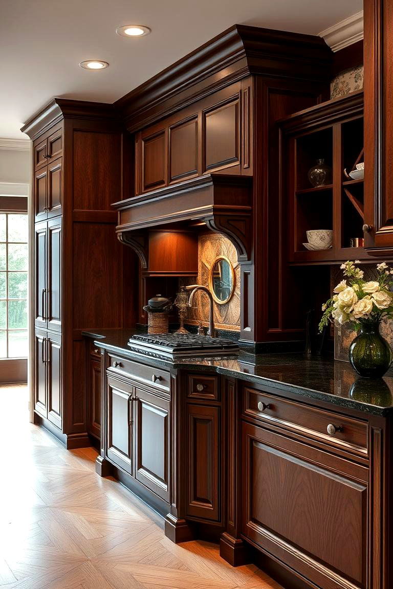 Timeless Elegance Reimagined - 24 Brown Kitchen Cabinets With Black Countertops