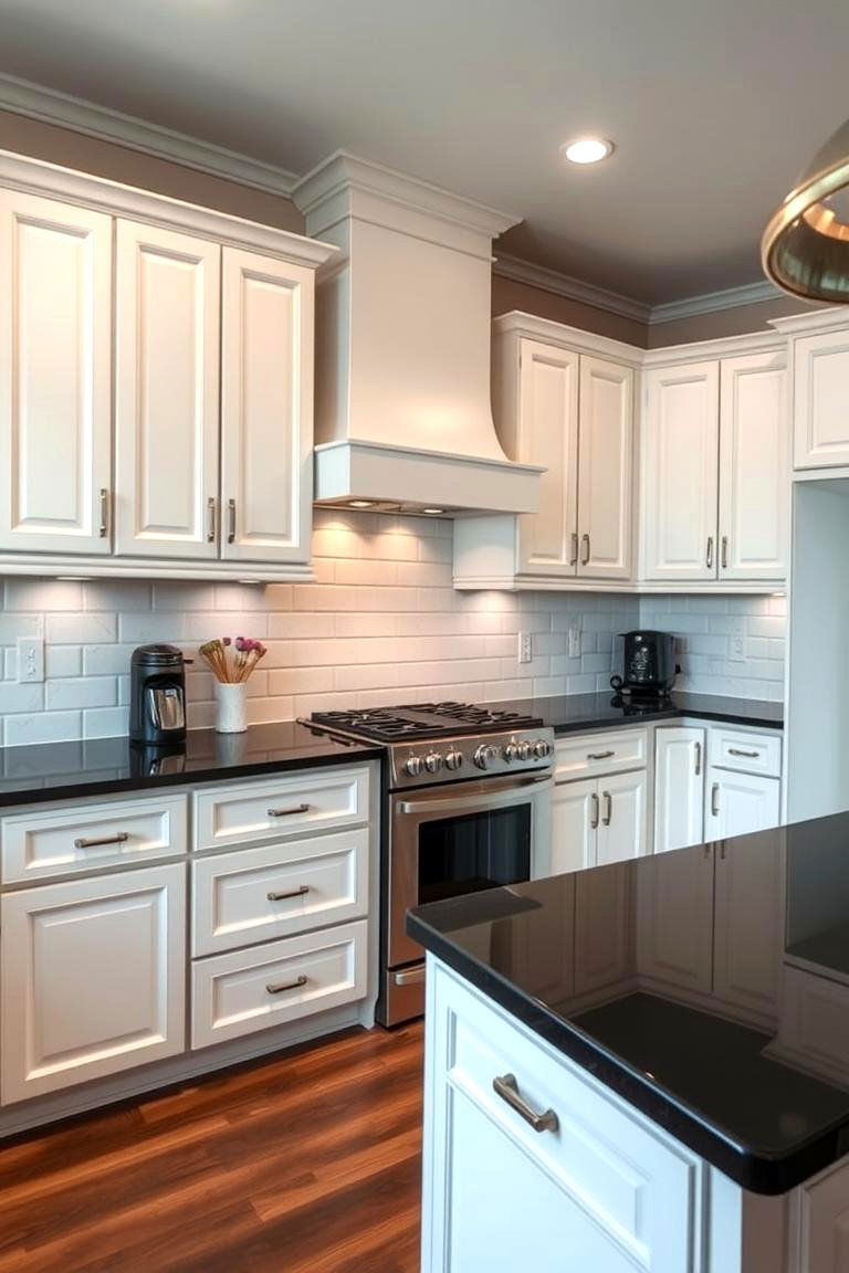 Timeless Hardware Fixtures - 24 Kitchen With White Cabinets and Black Countertops Ideas