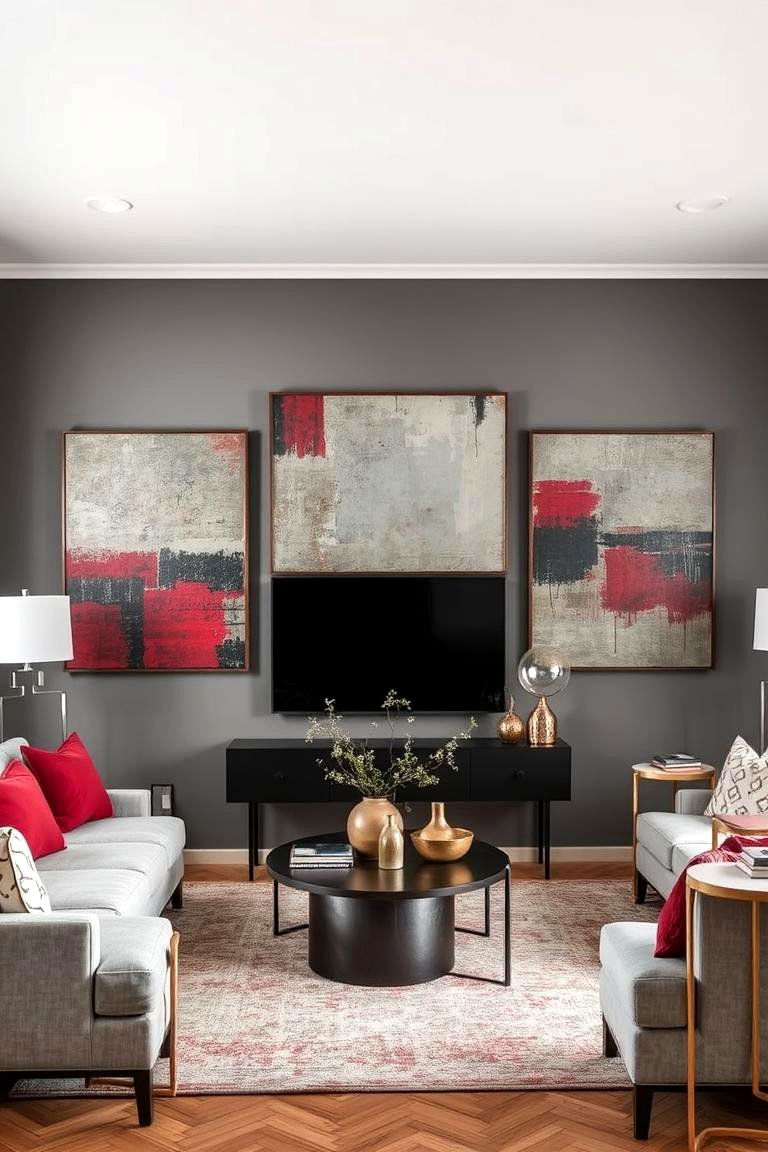 Timeless Red and Grey Mixed Media Art Installations - 24 Red and Grey Living Room Ideas