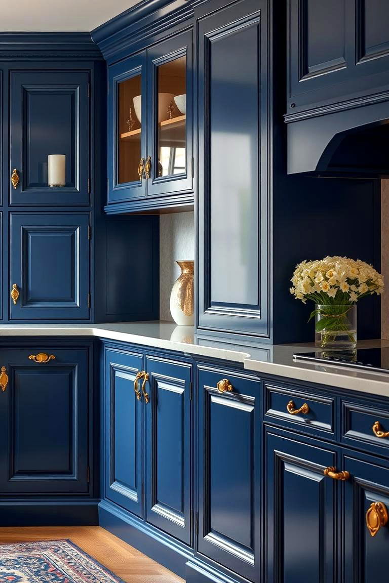 Timeless Royal Sophistication - 24 blue kitchen cabinets with gold hardware
