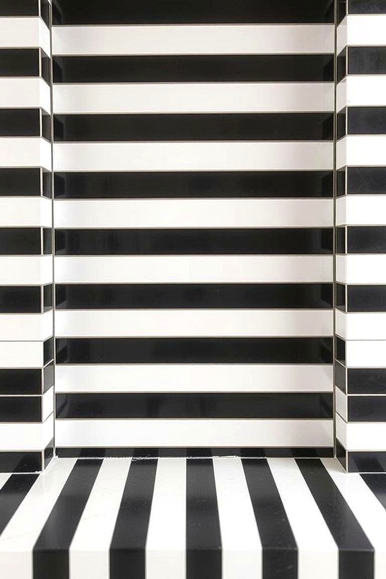 Timeless Striped Accent - 24 Black and White Kitchen Backsplash Ideas