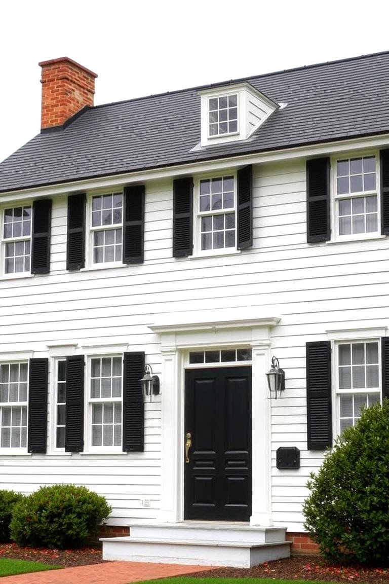 Traditional Colonial with Black Shutters - 24 White Exterior Home with a Black Roof Ideas