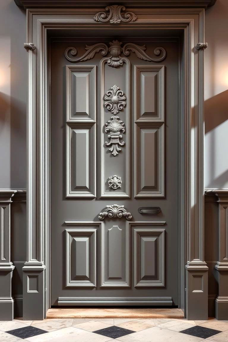 Traditional Grey with Ornate Details - 24 Grey Front Door Ideas