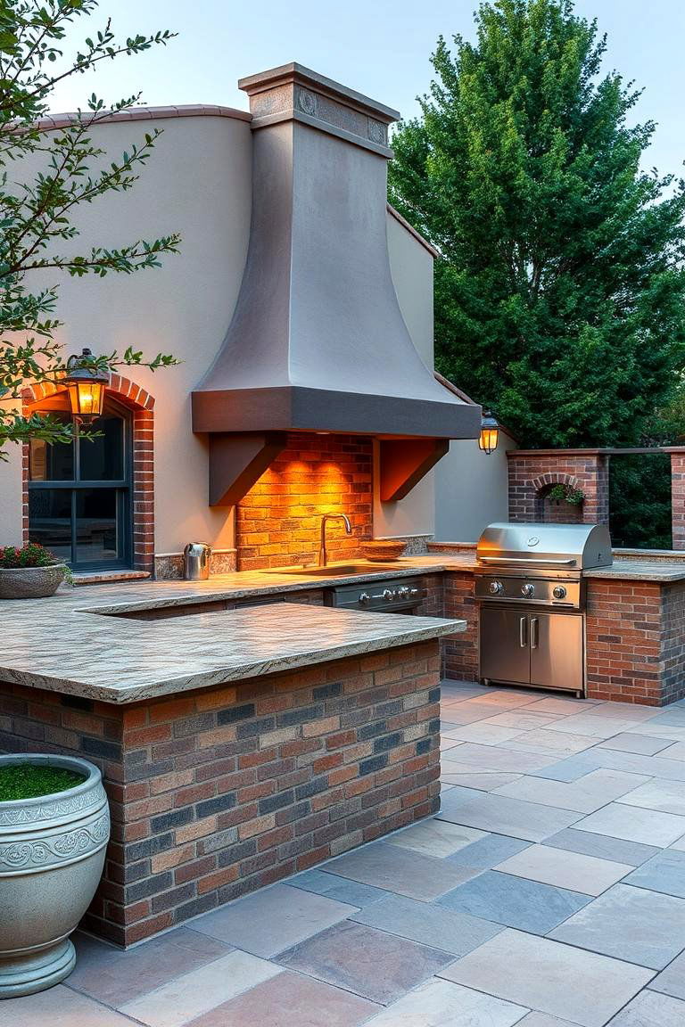 Traditional Stucco Design with Brick Accents - 24 Stucco Outdoor Kitchen Ideas
