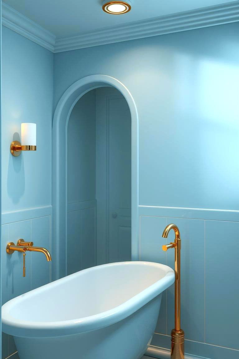 Tranquil Blue Tones with Dazzling Gold Fixtures - 24 Blue and Gold Bathroom Ideas