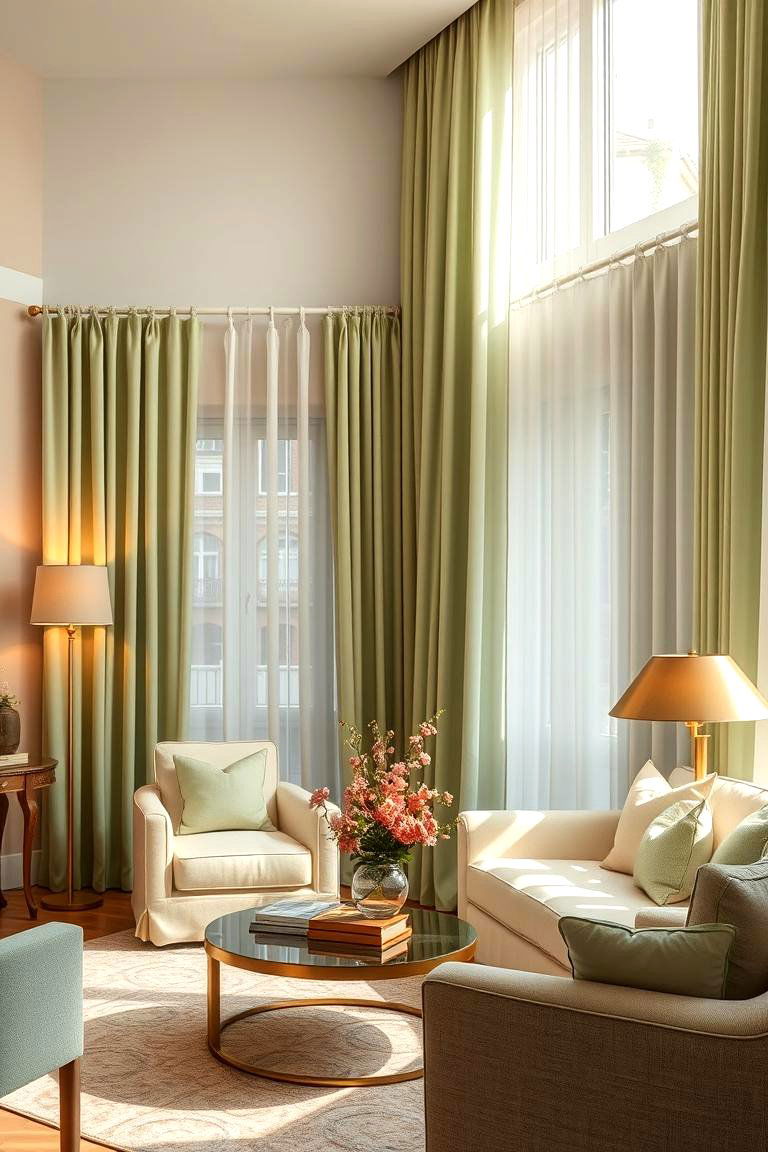 Tranquil Retreat with Soft Green Curtains and Gold Lamps - 24 Green and Gold Living Room Ideas
