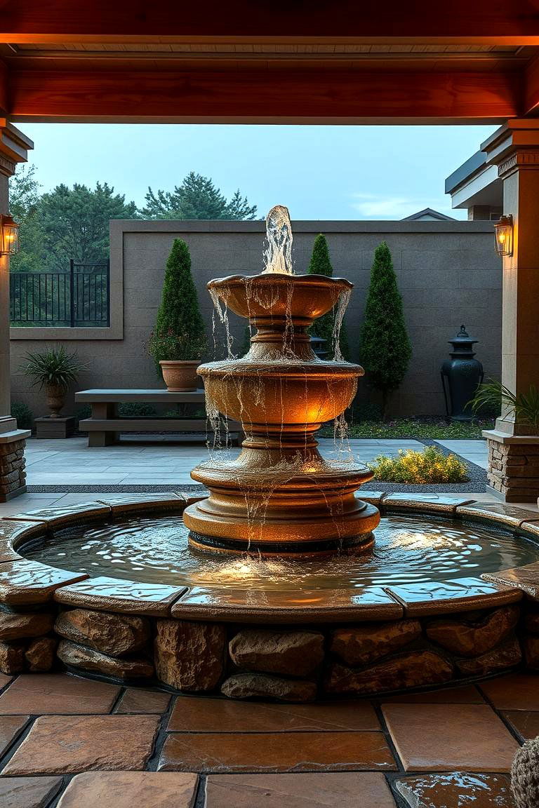 Tranquil Water Fountain Focal Point - 24 Boho Patio Ideas