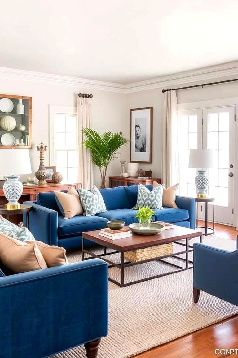 Transitional Blue Couch with Warm Neutrals - 24 Blue Couch Living Room Ideas