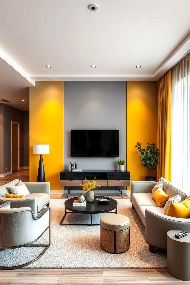 Transitional Style with Bright Yellow Highlights - 24 Grey and Yellow Living Room Ideas