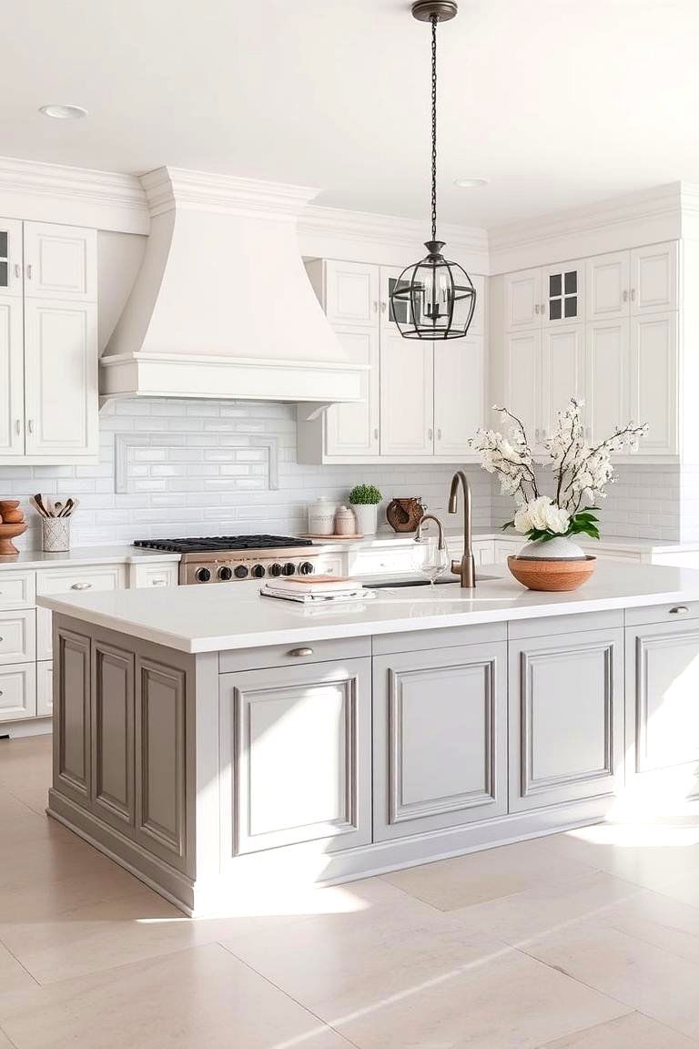 Transitional Style with Greige Island and Paneled Details - 24 White Kitchen Cabinets With Grey Island Ideas