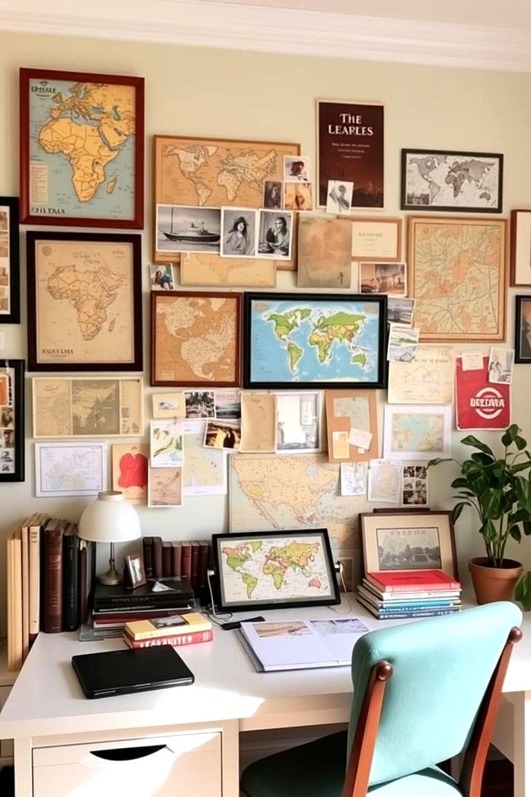 Travel Themed Wall with Maps and Photos - 24 Gallery Wall Ideas