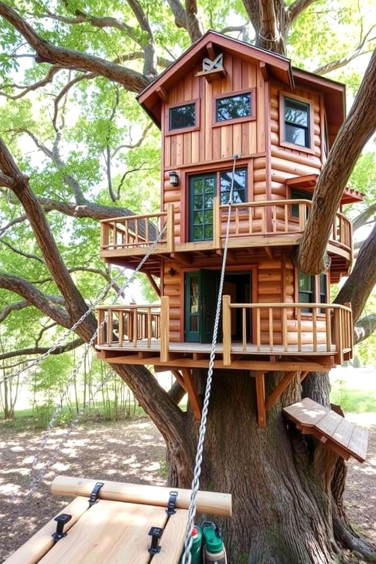 Tree House with a Swing Bridge - 24 Tree House Ideas