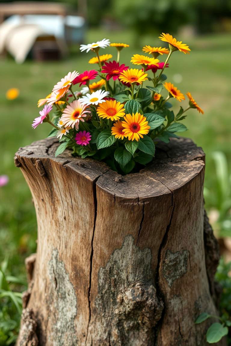 Tree Stump Planter Uniqueness - 24 Rustic Landscaping Ideas