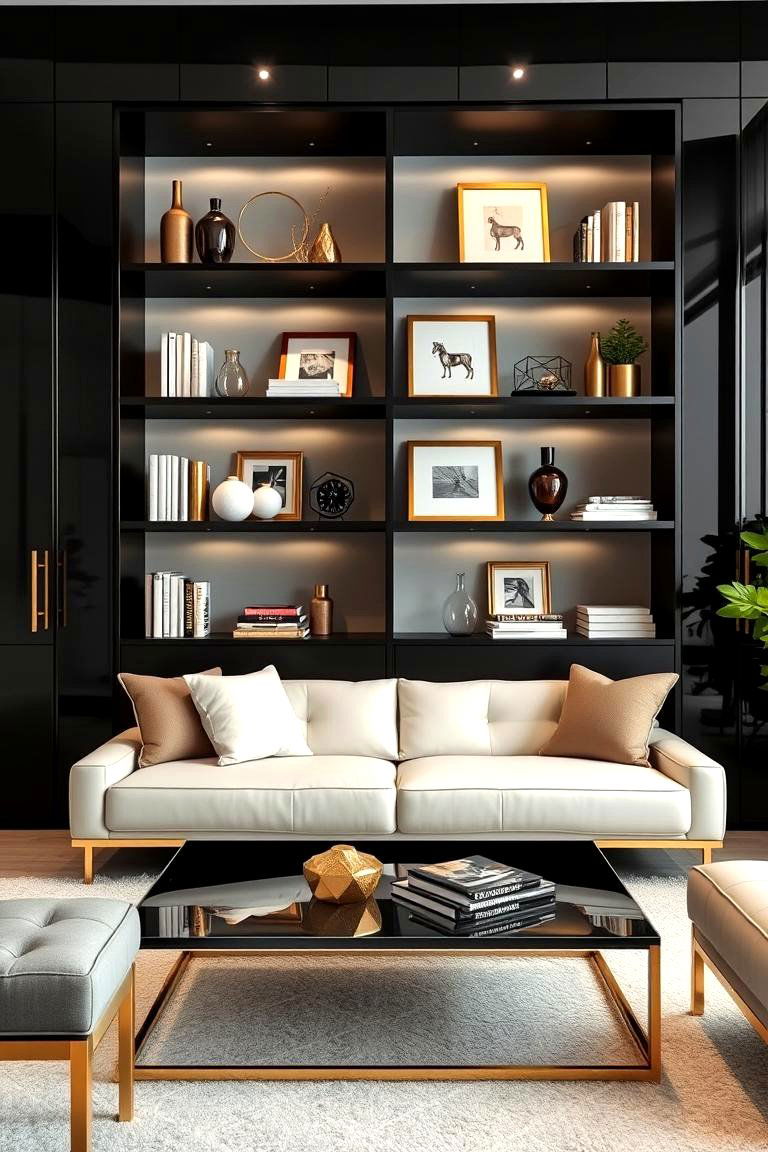 Trendy Black and Gold Bookcases - 24 Black and Gold Living Room Ideas