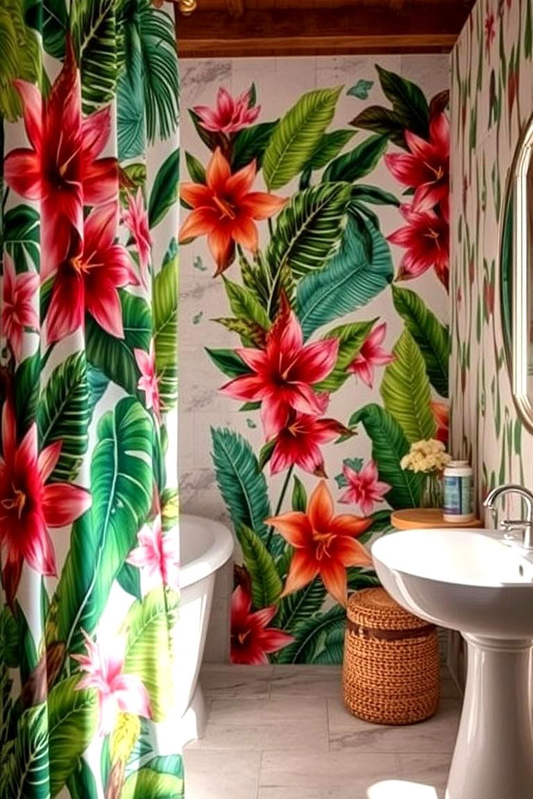 Tropical Escape Pattern - 24 bathroom curtain ideas