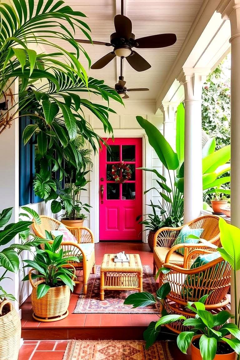 Tropical Inspired Porch with Lush Plants - 24 Barndominium Front Porch Ideas
