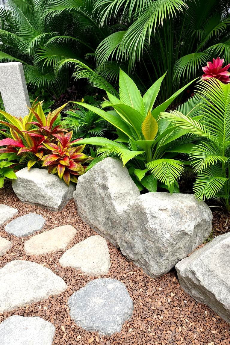 Tropical Inspired Rock and Mulch Design - 24 Front Yard Landscaping Ideas With Rocks and Mulch