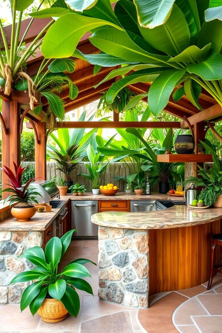 Tropical L Shaped Kitchen with Greenery - 24 L Shaped Outdoor Kitchen Ideas