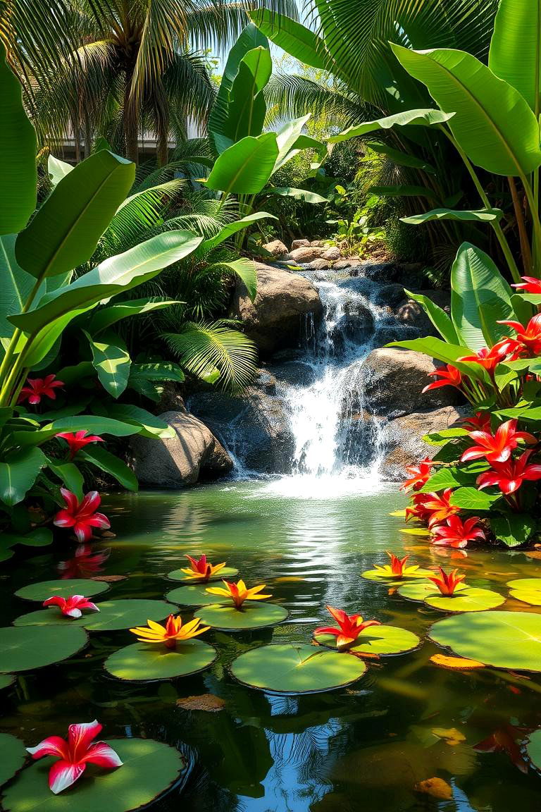 Tropical Pond with Cascading Waterfall - 24 Small Pond Ideas With Waterfalls
