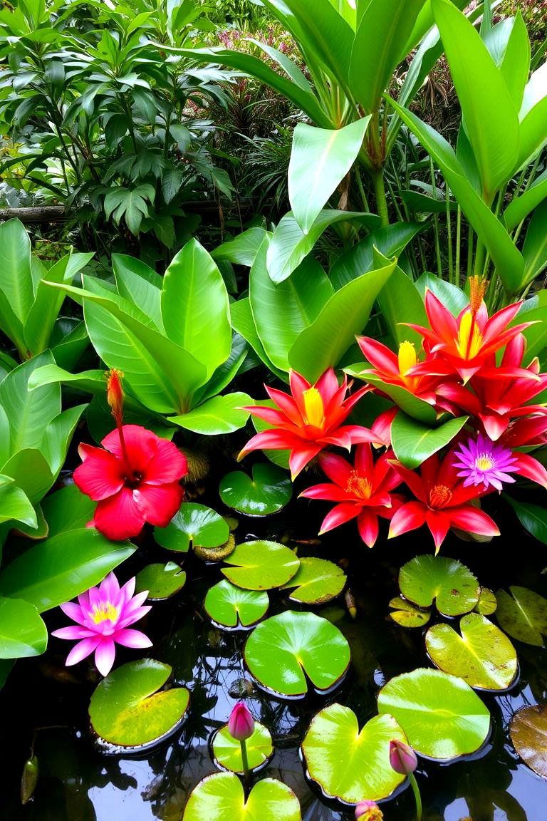 Tropical Pond with Exotic Plants - 24 Backyard Pond Ideas