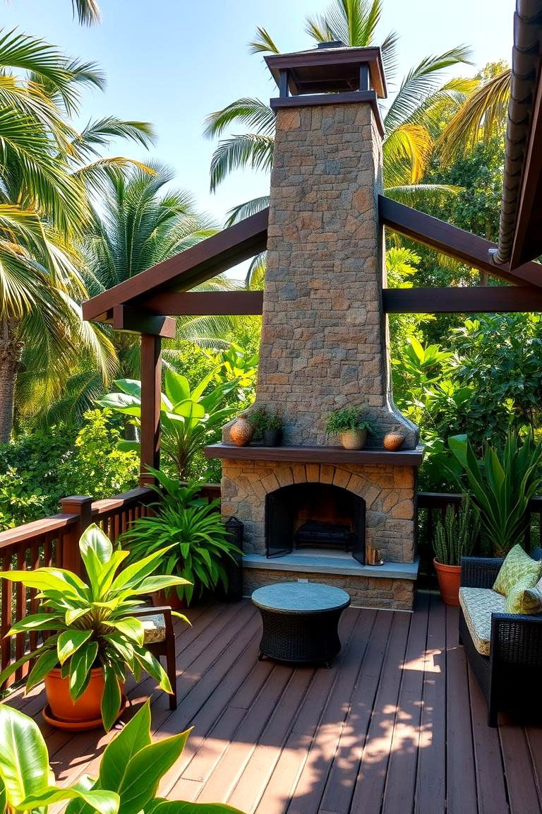 Tropical Retreat with Lush Greenery - 24 Covered Deck With Fireplace Ideas