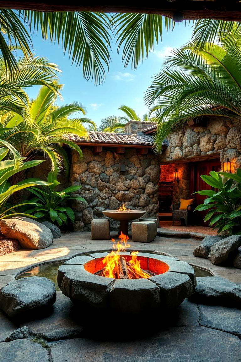 Tropical Stone Retreat with Warm Fire Glow - 24 Stone Patio With a Fire Pit Ideas