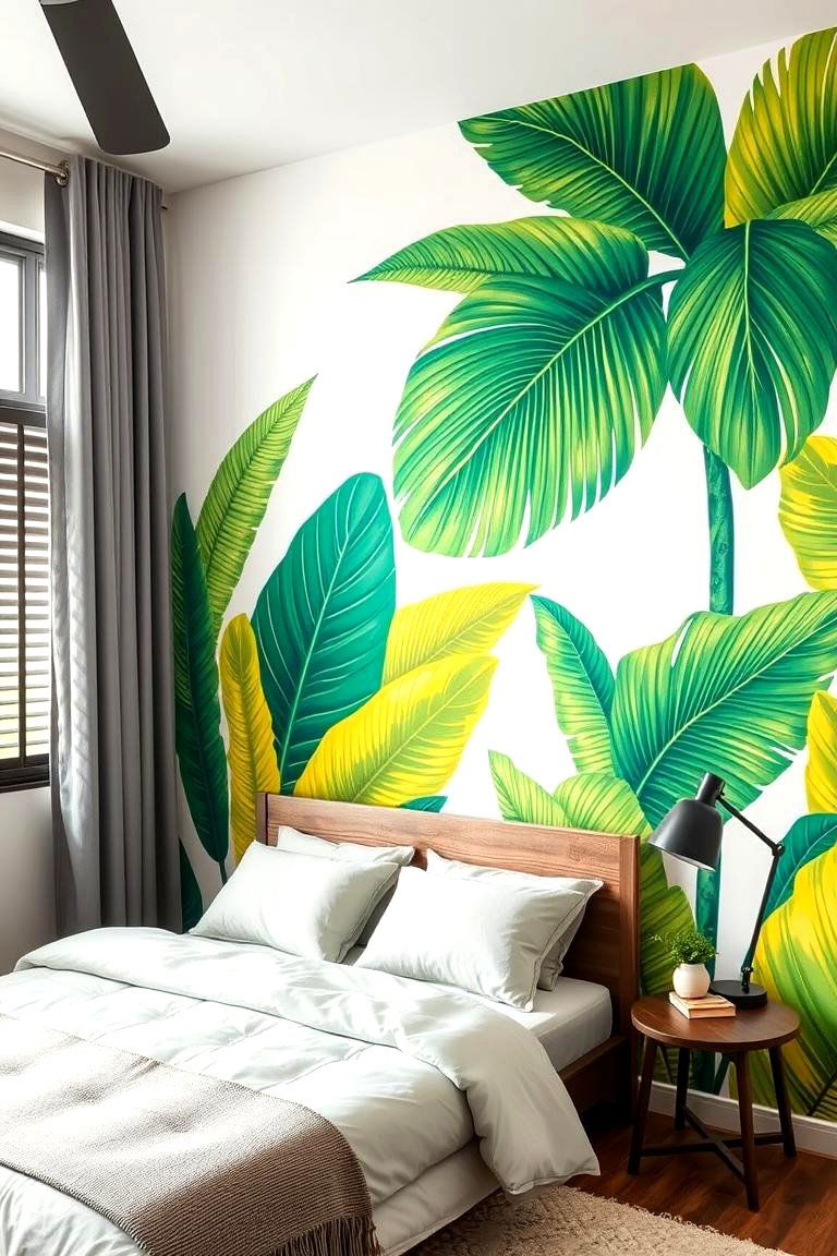 Tropical Vibes with Palms and Leaves - 24 Bedroom Wall Painting Ideas