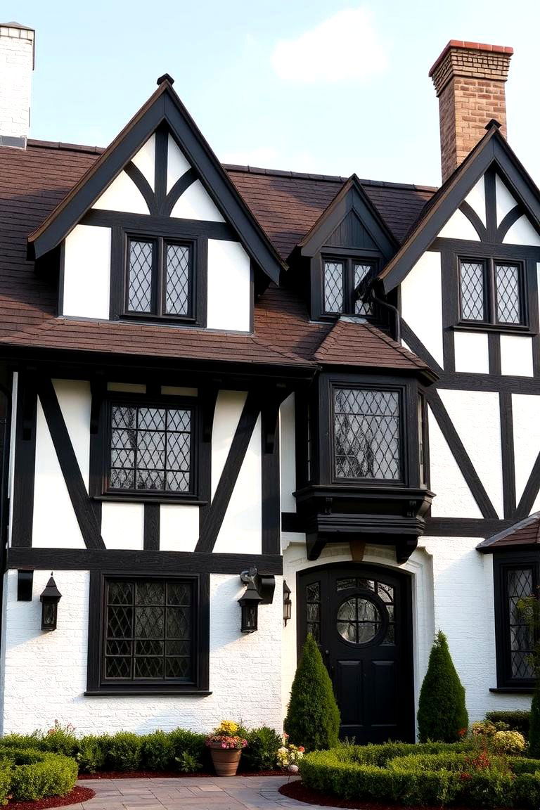 Tudor Revival with Decorative Half Timbering - 24 White Exterior Home with a Black Roof Ideas