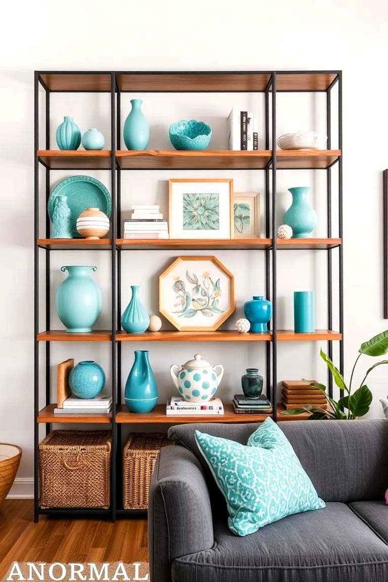 Turquoise Open Shelving Display - 24 Turquoise Living Room Ideas