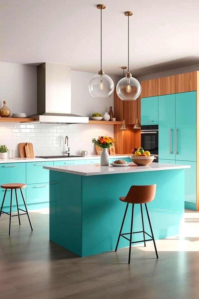 Turquoise Trendy Island with Modern Finishes - 24 Blue Kitchen Island Ideas