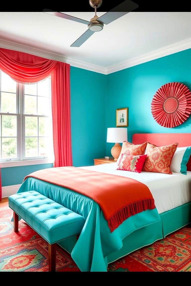 Turquoise and Coral Complement - 24 Turquoise Bedroom Ideas
