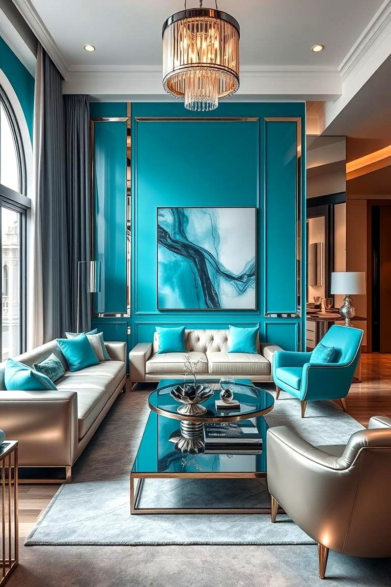 Turquoise and Metallic Finishes - 24 Turquoise Living Room Ideas