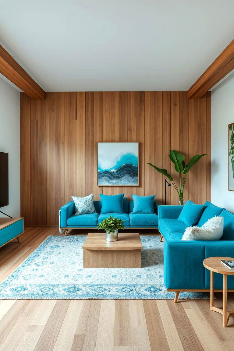 Turquoise and Natural Wood Combo - 24 Turquoise Living Room Ideas