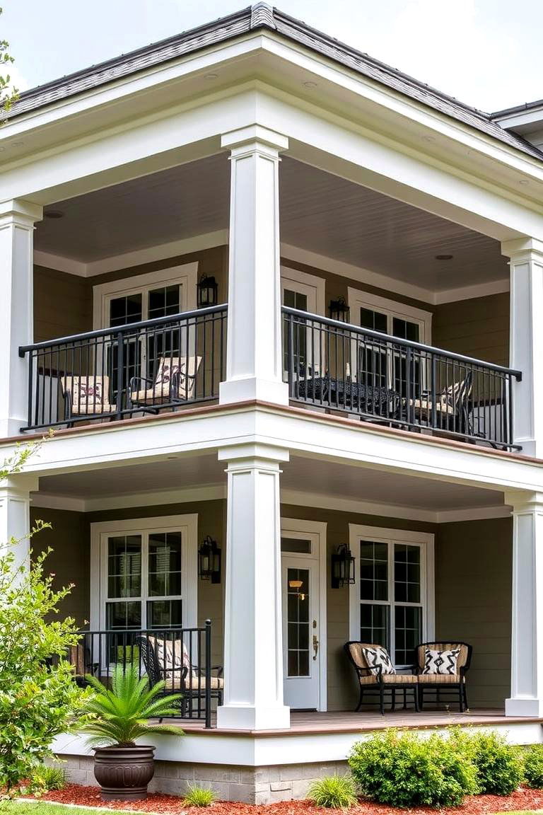 Two Story Porch with a Balcony - 24 Barndominium Front Porch Ideas