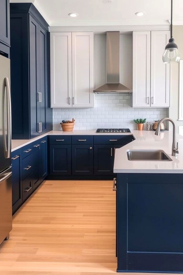Two Tone Kitchen with Navy Blue Lowers - 24 Navy Blue Kitchen Cabinets Ideas